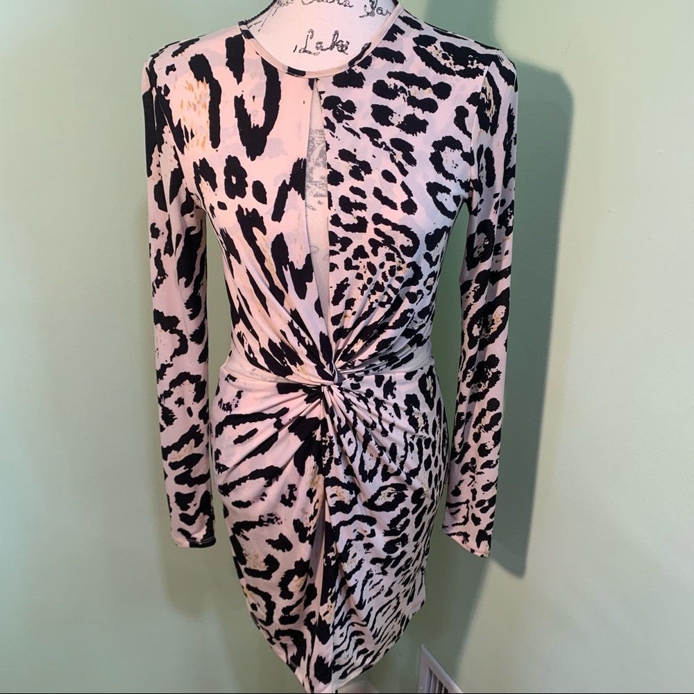 Marciano Pink and Black Long Sleeve Twist Front Animal Print Dress